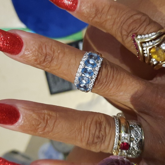 AUTHENTIC GENUINE SOLID STERLING SILVER BLUE TOPAZ ANNIVERSARY WEDDING CZ RING - Picture 2 of 7